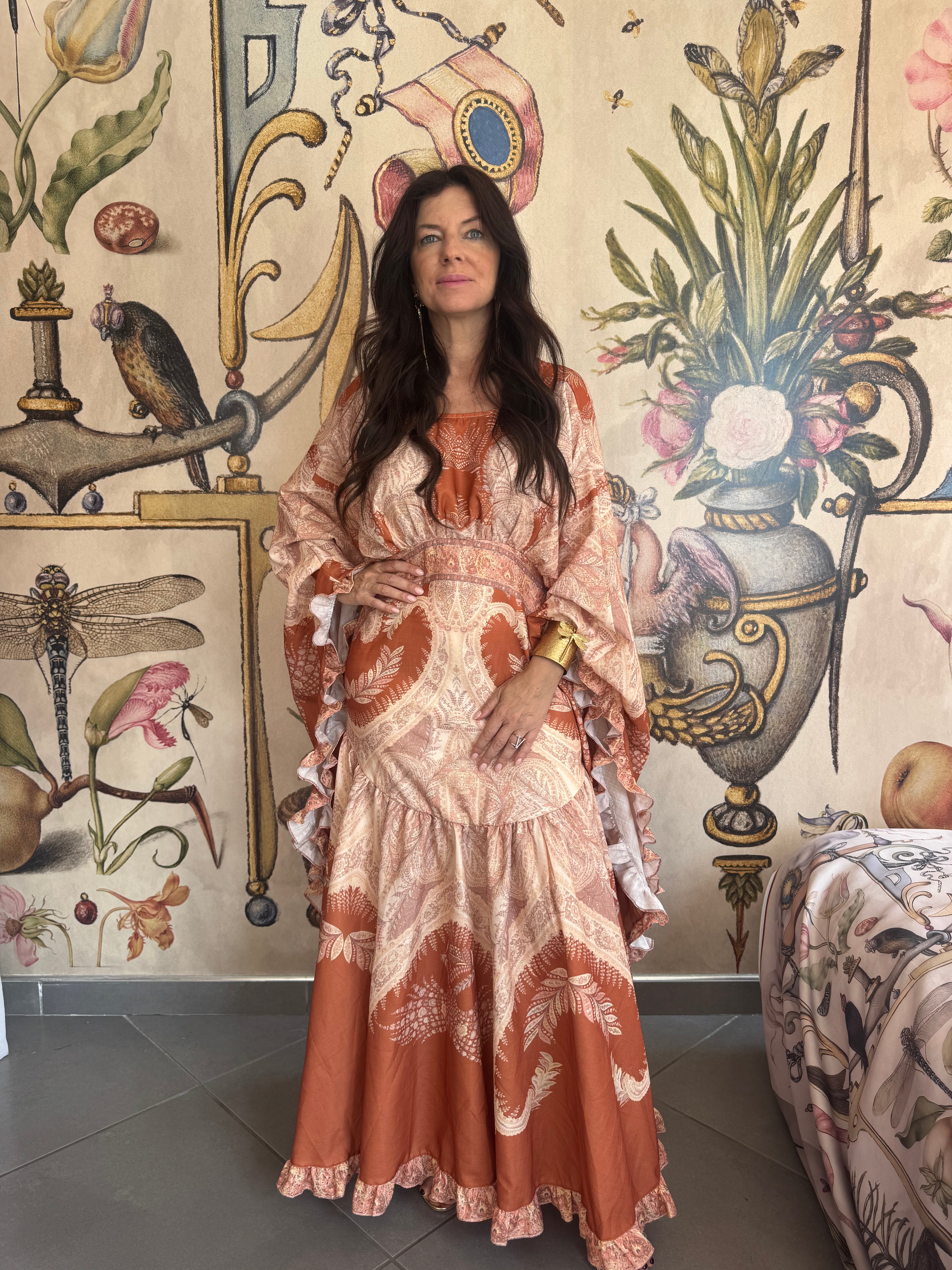 Abito Maxi "Foliage d'Antan" – Vestito Lungo con Maniche a Campana e Volant