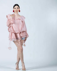 Mini dress rosa con fiori 3D – abito romantico corto elegante donna