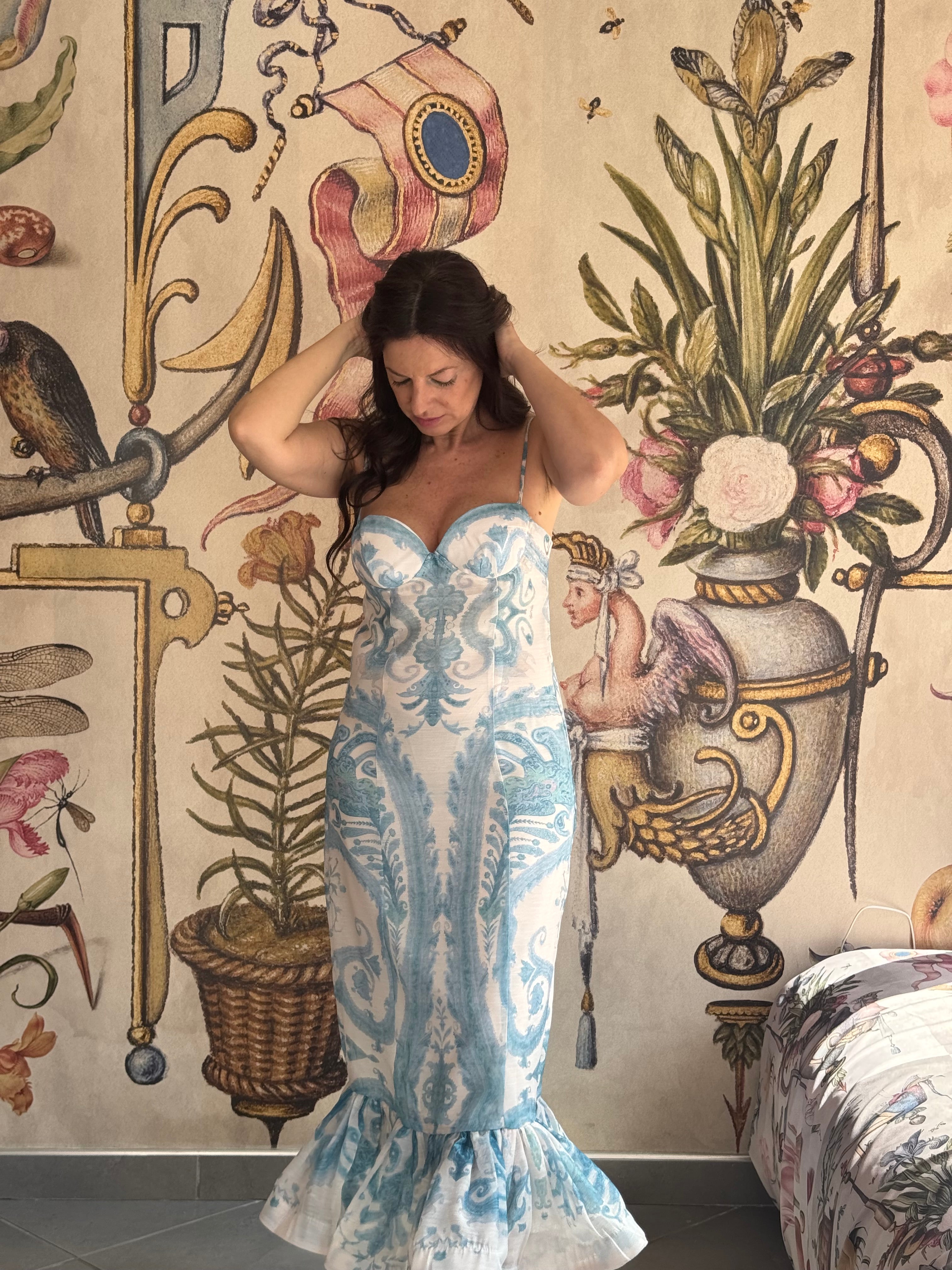 Abito Sirena “Blue Majolica” con Corsetto Strutturato