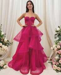 Abito da Sera Fucsia in Tulle Glitterato con Bustier Strutturato e Gonna Voluminosa