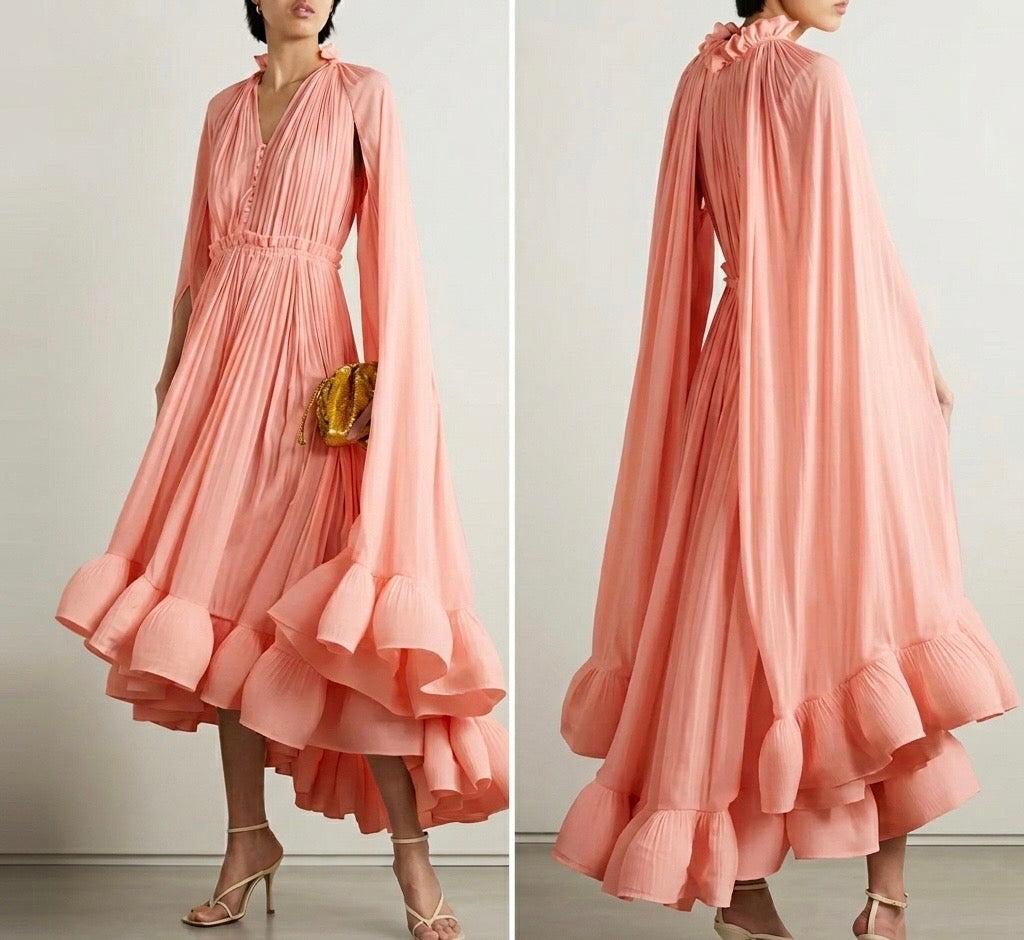 Abito “Positano Rose” Plissé con Maniche Mantella