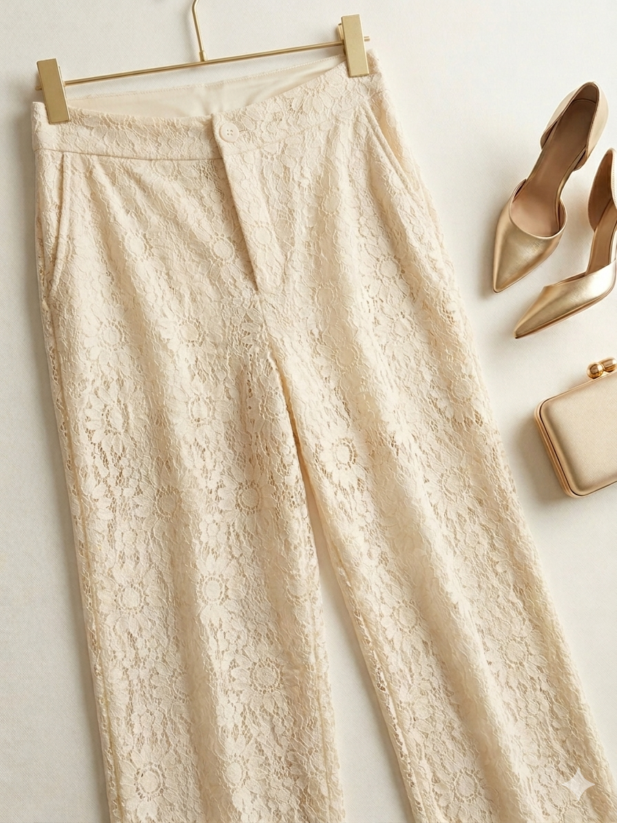 Pantaloni Flare Lumina in Pizzo Floreale - avorio